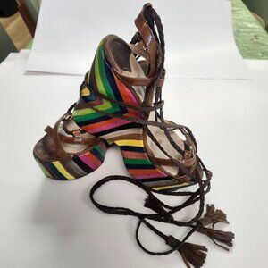 Jimmy Choo "Pearl" Rainbow Leather High Wedge Platform Sandals EU 37 US 6.5